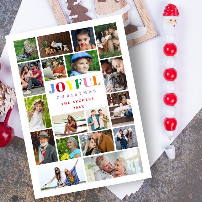Xmas Colorful Brightest 18 Multi Photo Collage Julkort (Christmas Colorful Brightest 18 Multi Photo Family Collage Holiday Card with Envelope.)