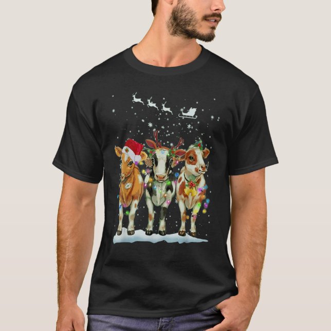 Xmas Cow With Christmas Light Happy Holidays T Shirt (Framsida)