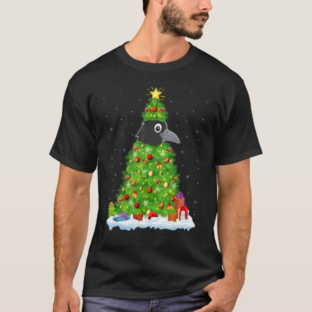 Xmas Decorations Lights Santa Crow Bird Christmas  T Shirt (Framsida)