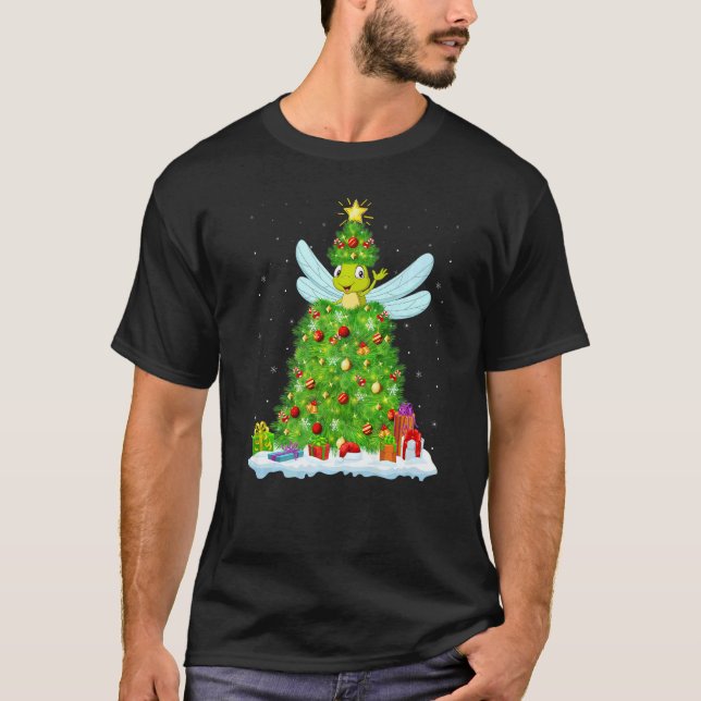 Xmas Decorations Lights Santa Dragonfly Christmas  T Shirt (Framsida)