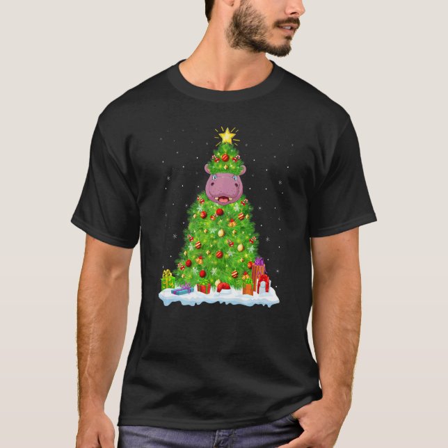 Xmas Decorations Lights Santa Hippopotamus Christm T Shirt (Framsida)