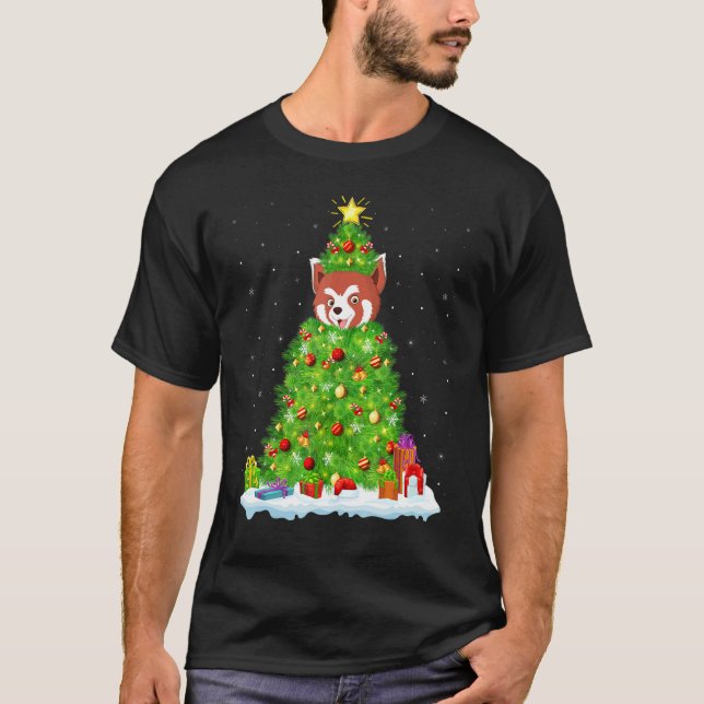 Xmas Decorations Lights Santa Red Panda Christmas  T Shirt (Framsida)