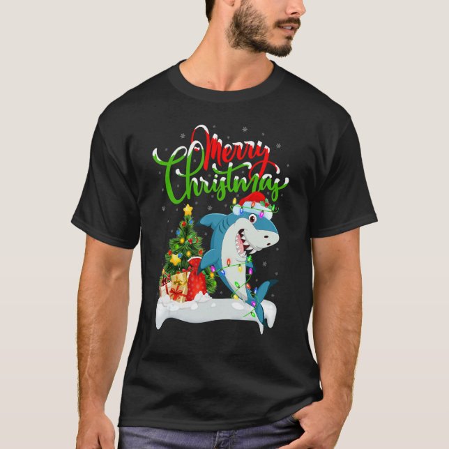 Xmas Decorations Santa Great White Shark Christmas T Shirt (Framsida)