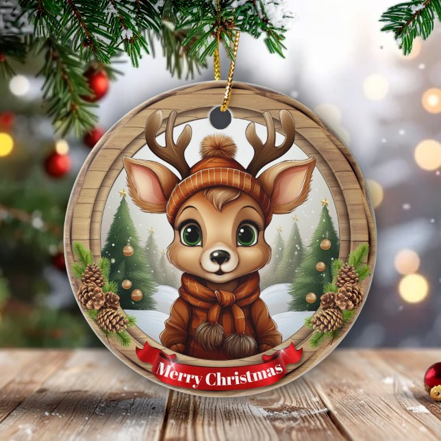 Xmas Deer with Antlers Animal Character Decor 🦌🎄 Julgransprydnad Keramik (Editable Text Xmas Deer with Antlers Animal Character Reindeer Christmas Decor Ceramic Ornament 🦌🎄)
