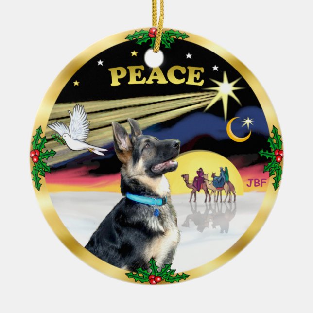 Xmas Dove (Fred) - Tysk Schäferhund # Julgransprydnad Keramik (Framsidan)