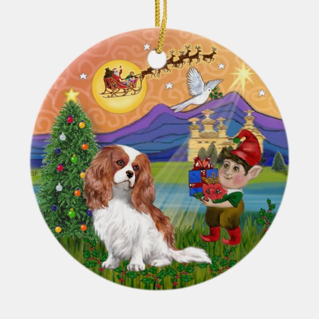 Xmas Fantasy-Blenhe Cavalier King Charles Spaniel Julgransprydnad Keramik (Framsidan)