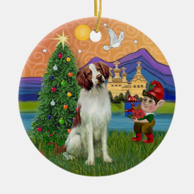 Xmas Fantasy -  Brittany Spaniel Julgransprydnad Keramik (Framsidan)