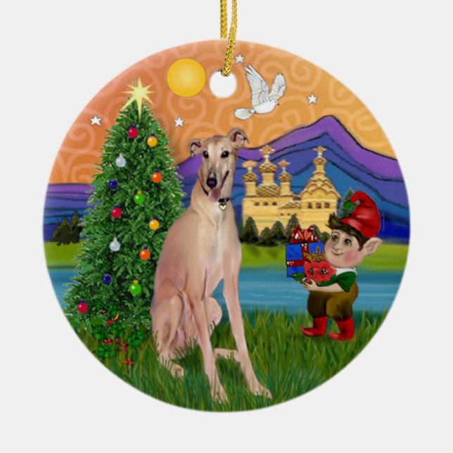 Xmas Fantasy - hjorthund i grått (sittande) Julgransprydnad Keramik (Framsidan)