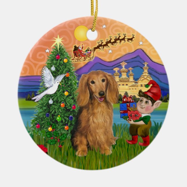 Xmas Fantasy - Långhårig sobel dachshund Julgransprydnad Keramik (Framsidan)