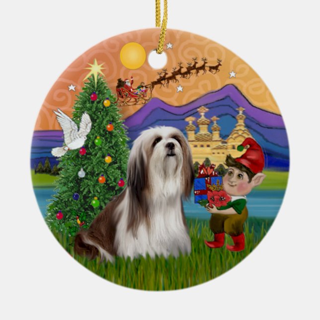 Xmas Fantasy -  Lhasa Apso Julgransprydnad Keramik (Framsidan)