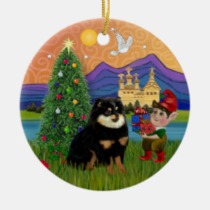 Xmas Fantasy - Pomeranian (svart och tan) Julgransprydnad Keramik