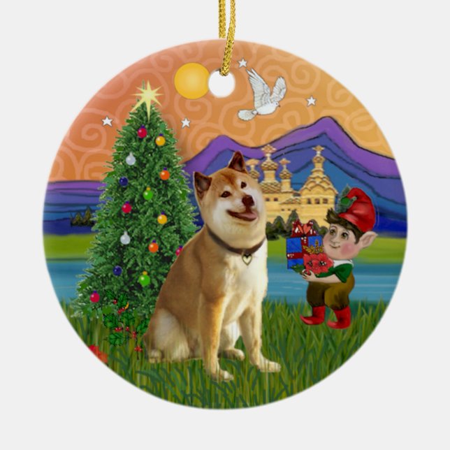 Xmas Fantasy - Shiba Inu Julgransprydnad Keramik (Framsidan)