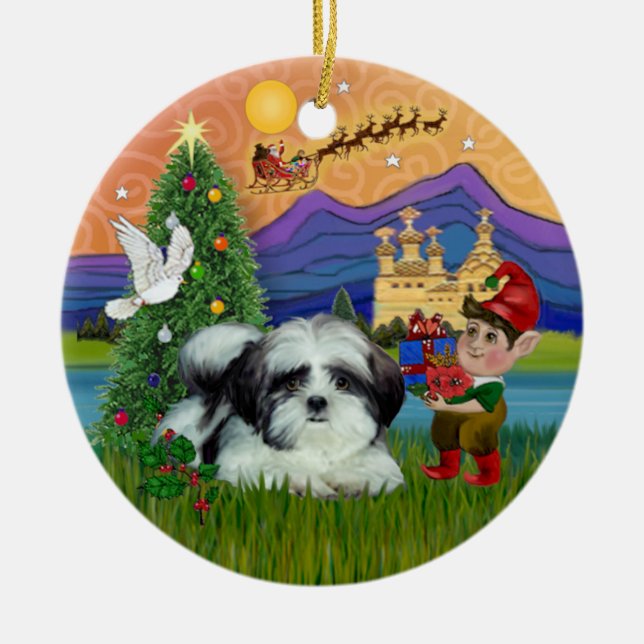 Xmas Fantasy - Shih Tzu (svart-vit) Julgransprydnad Keramik (Framsidan)