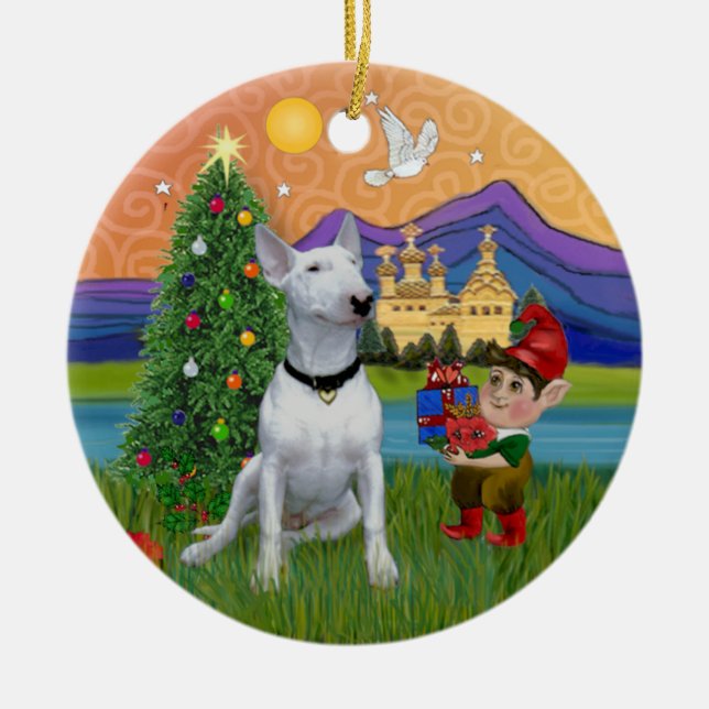 Xmas Fantasy - Vit Bullterrier (P) Julgransprydnad Keramik (Framsidan)