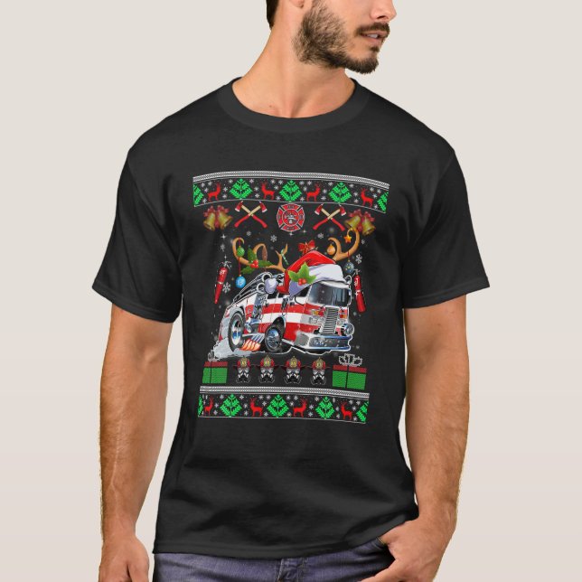 Xmas Firefighter Lover Fire Truck Fireman Ugly Swe T Shirt (Framsida)