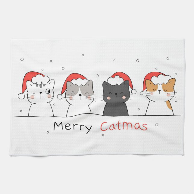 Xmas Gift | Merry Christmas With Cat Kökshandduk (Horisontell)