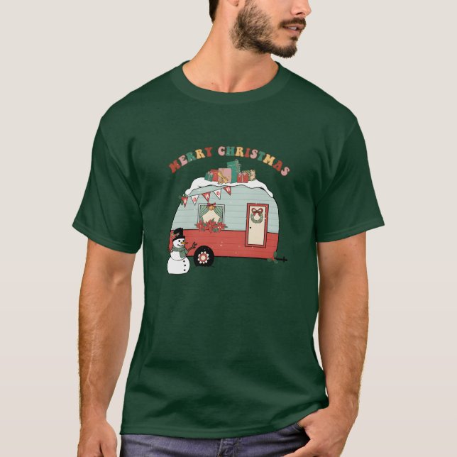 Xmas God Jul Snöman Camping Presenter fami T Shirt (Framsida)