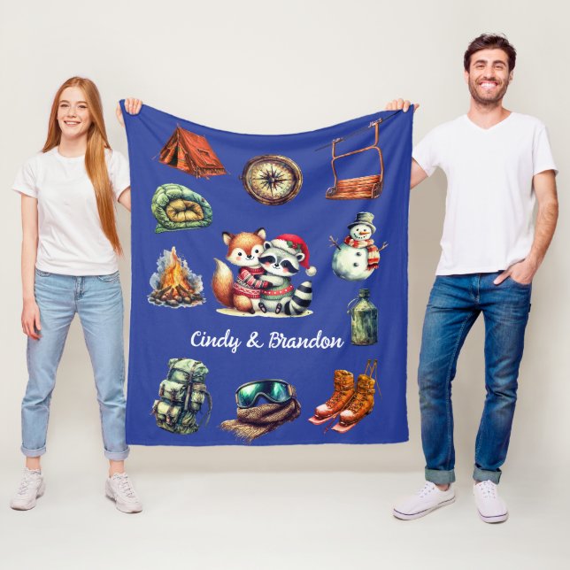 Xmas Holiday Couple Outdoor Fox Raccoon Navy Blue Fleecefilt (På plats)