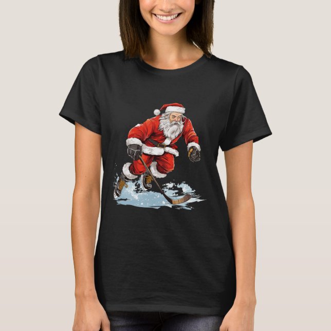 Xmas Holiday Fun Santa Playing Ice Hockey Christma T Shirt (Framsida)
