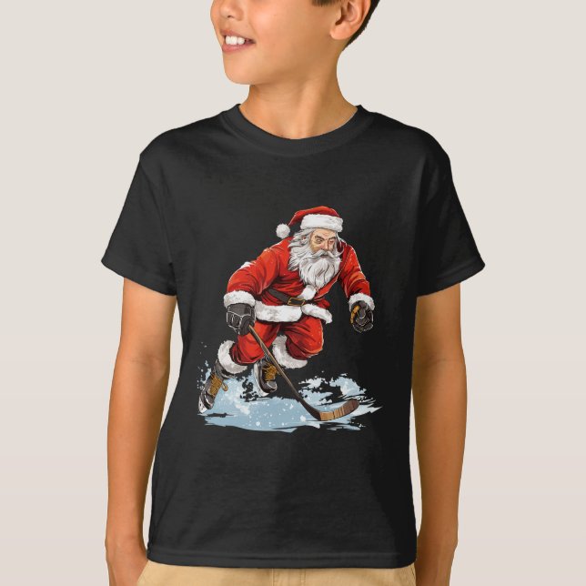 Xmas Holiday Fun Santa Playing Ice Hockey Christma T Shirt (Framsida)