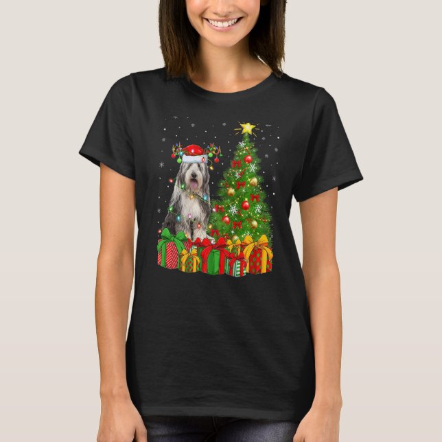 Xmas Holiday Lights Santa Bearded Collie Dog Chris T Shirt (Framsida)