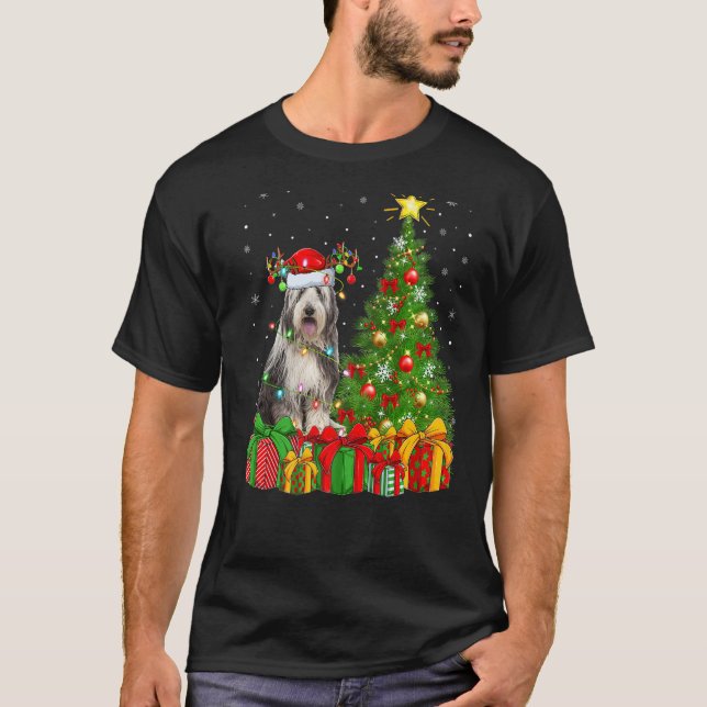Xmas Holiday Lights Santa Bearded Collie Dog Chris T Shirt (Framsida)