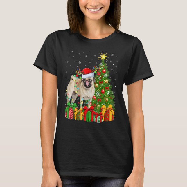 Xmas Holiday Lights Santa Pug Dog Christmas Tree T Shirt (Framsida)