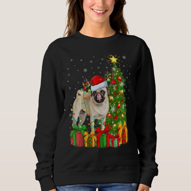 Xmas Holiday Lights Santa Pug Dog Christmas Tree T Shirt (Framsida)