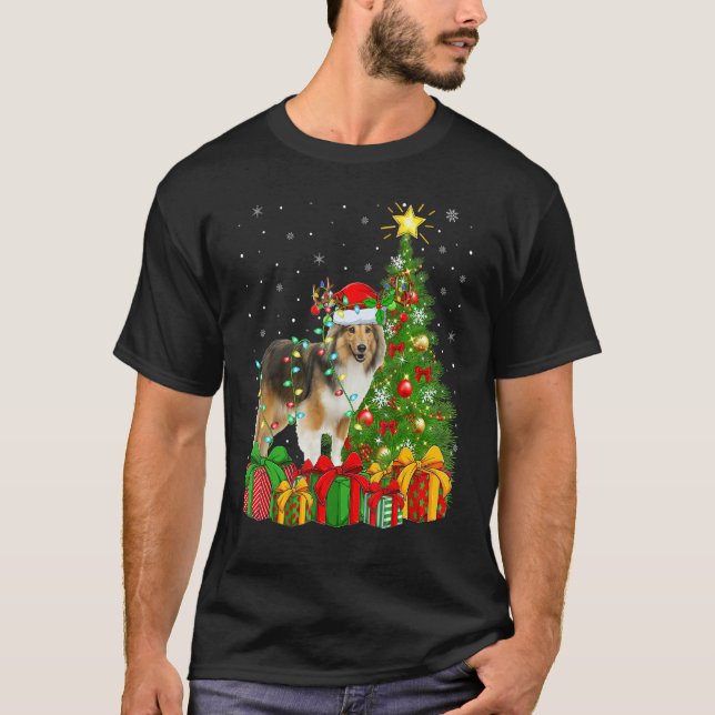 Xmas Holiday Lights Santa Sheltie Dog Christmas Tr T Shirt (Framsida)