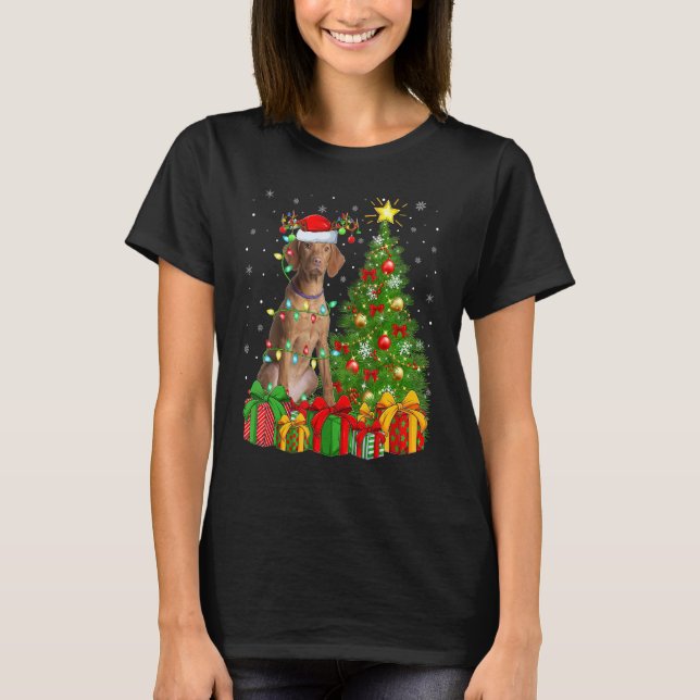 Xmas Holiday Lights Santa Vizsla Dog Christmas Tre T Shirt (Framsida)