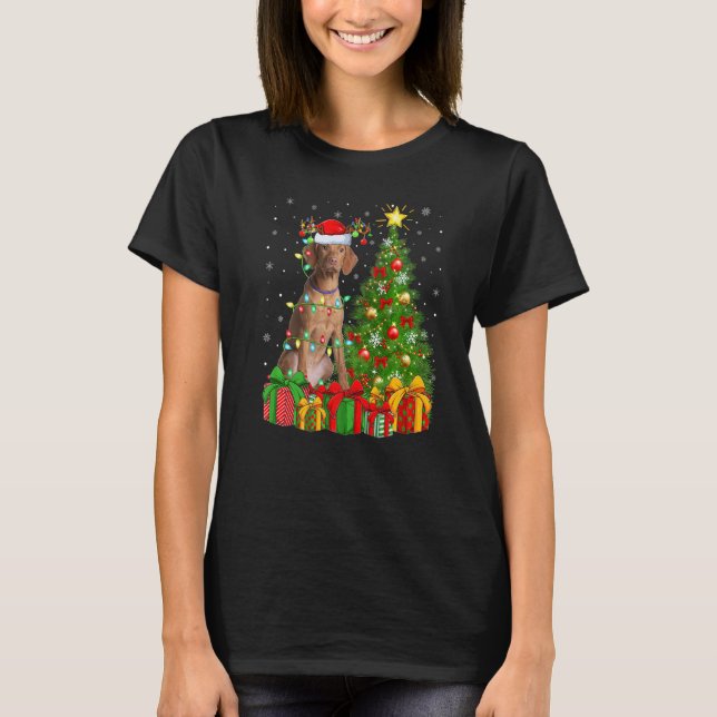 Xmas Holiday Lights Santa Vizsla Dog Christmas Tre T Shirt (Framsida)