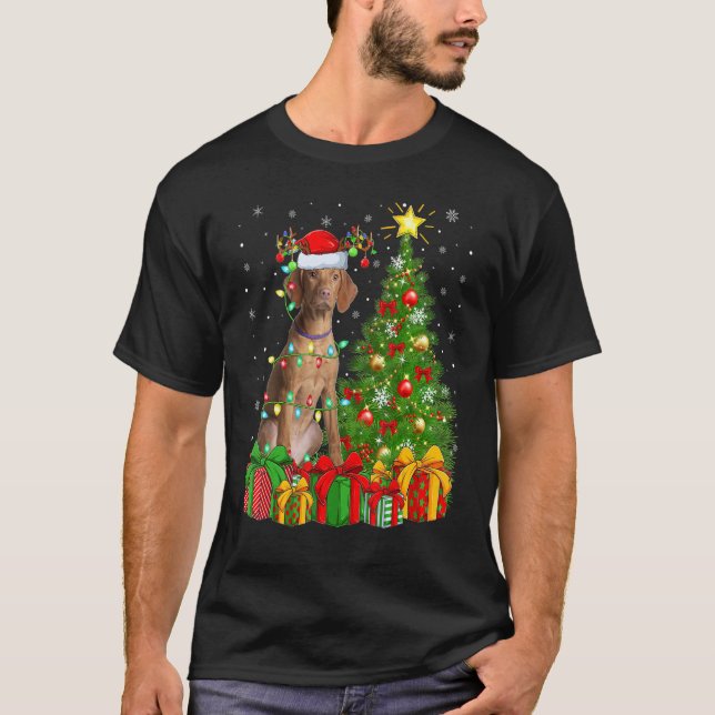 Xmas Holiday Lights Santa Vizsla Dog Christmas Tre T Shirt (Framsida)