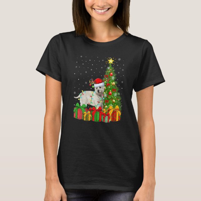 Xmas Holiday Lights Santa Westie Dog Christmas Tre T Shirt (Framsida)