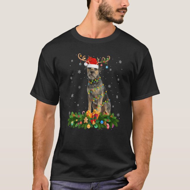 Xmas Holiday Reindeer Hat Santa Border Terrier Dog T Shirt (Framsida)