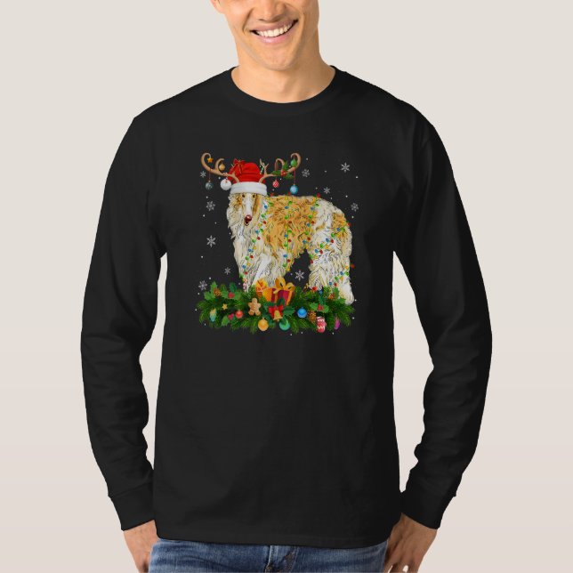 Xmas Holiday Reindeer Hat Santa Borzoi Dog Christm T Shirt (Framsida)