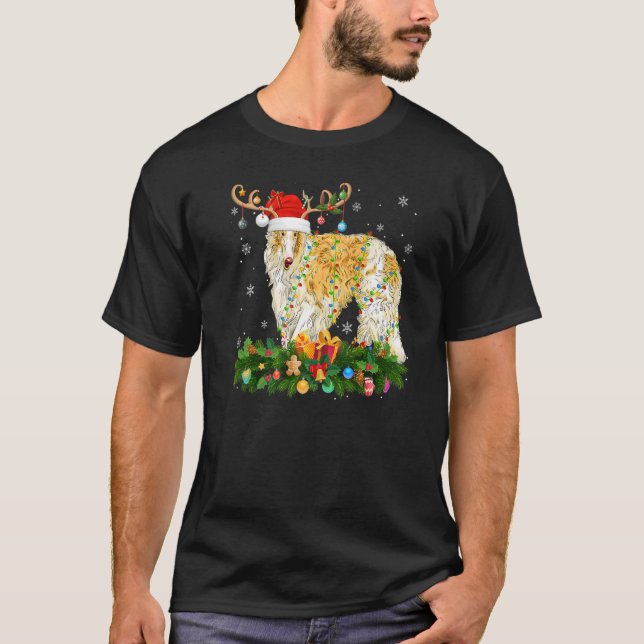 Xmas Holiday Reindeer Hat Santa Borzoi Dog Christm T Shirt (Framsida)