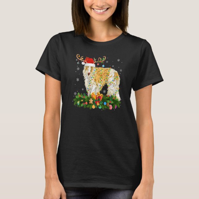 Xmas Holiday Reindeer Hat Santa Borzoi Dog Christm T Shirt (Framsida)