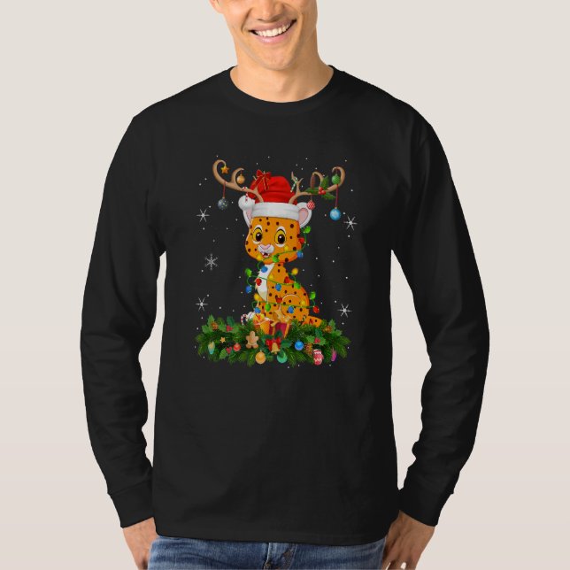 Xmas Holiday Reindeer Hat Santa Cheetah Christmas  T Shirt (Framsida)
