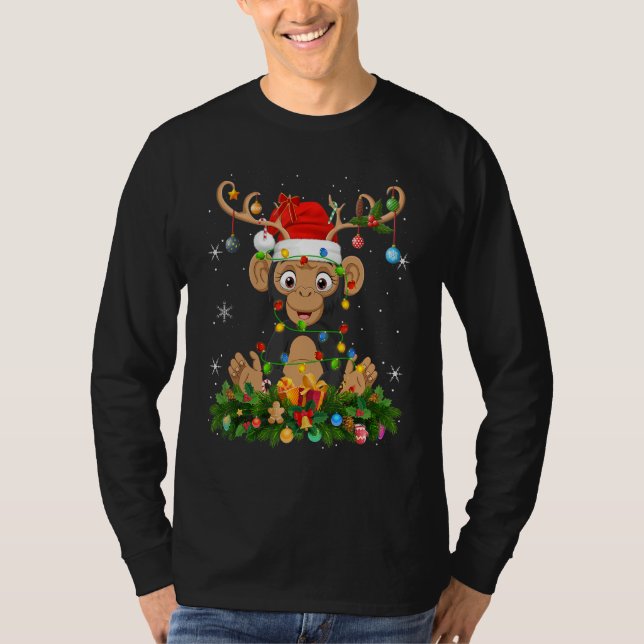 Xmas Holiday Reindeer Hat Santa Chimpanzee Christm T Shirt (Framsida)