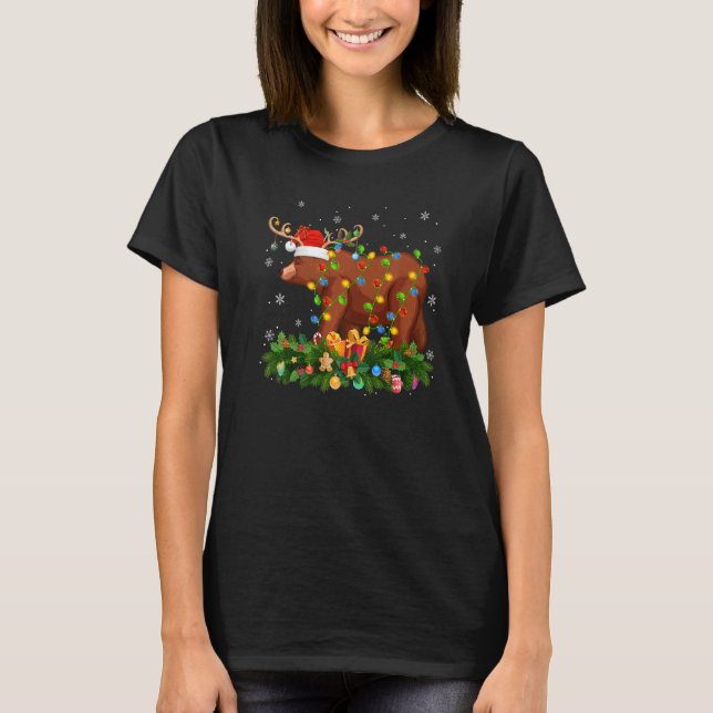 Xmas Holiday Reindeer Hat Santa Grizzly Bear Chris T Shirt (Framsida)