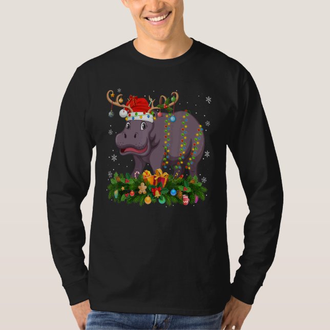 Xmas Holiday Reindeer Hat Santa Hippopotamus Chris T Shirt (Framsida)