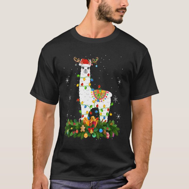 Xmas Holiday Reindeer Hat Santa Llama Christmas T Shirt (Framsida)