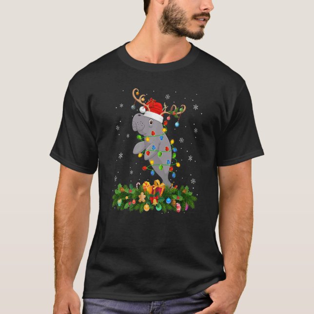 Xmas Holiday Reindeer Hat Santa Manatee Christmas T Shirt (Framsida)