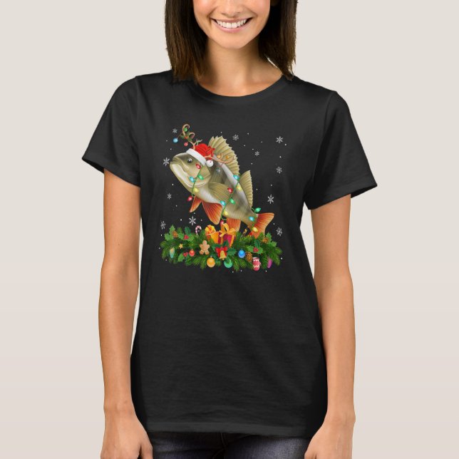Xmas Holiday Reindeer Hat Santa Perch Fish Christm T Shirt (Framsida)
