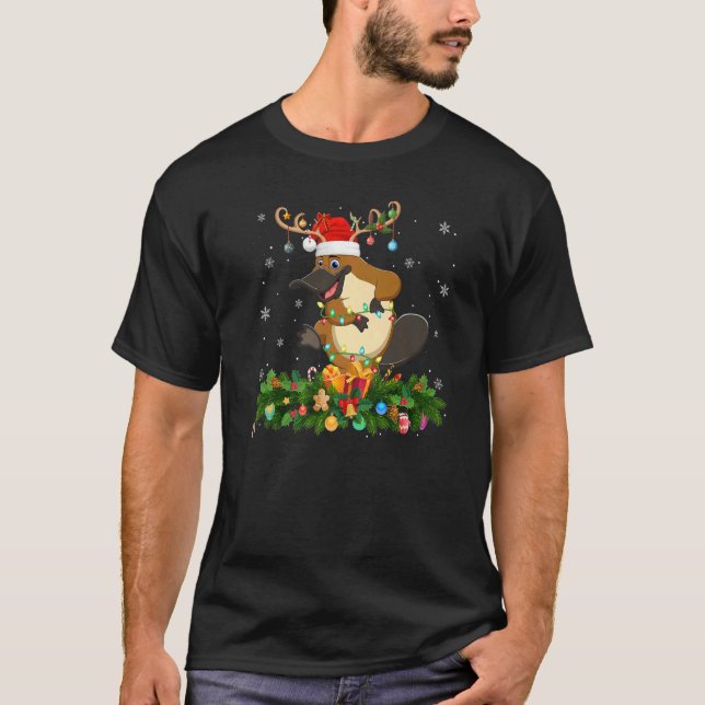 Xmas Holiday Reindeer Hat Santa Platypus Christmas T Shirt (Framsida)