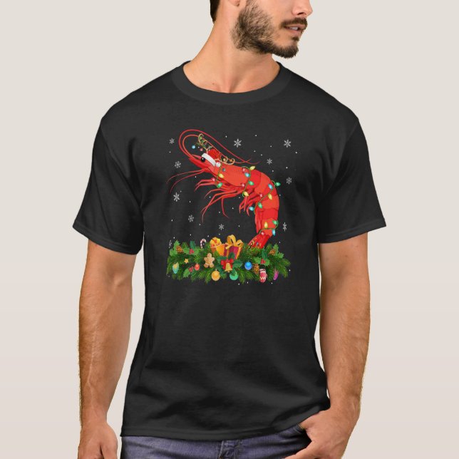 Xmas Holiday Reindeer Hat Santa Shrimp Fish Christ T Shirt (Framsida)