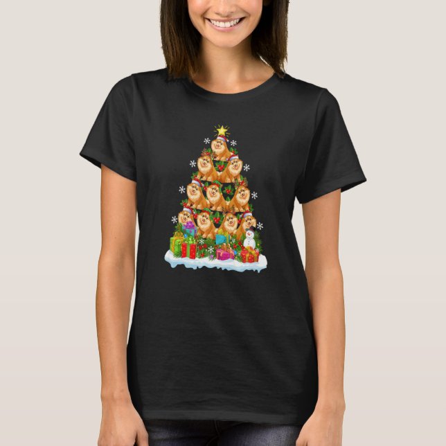 Xmas Holiday  Santa Pomeranian Dog Christmas Tree T Shirt (Framsida)