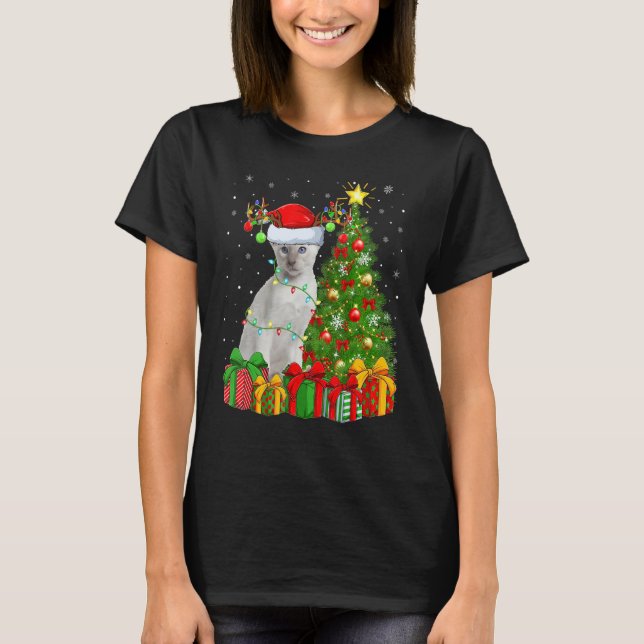 Xmas Holiday Santa Siamese Cat Christmas Tree T Shirt (Framsida)