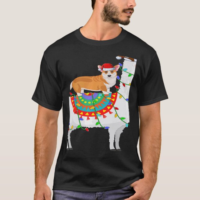 Xmas Lighting Corgi Dog Riding Llama Christmas T Shirt (Framsida)