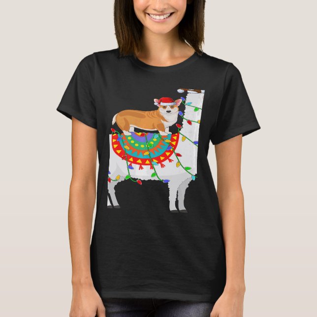 Xmas Lighting Corgi Dog Riding Llama Christmas T Shirt (Framsida)